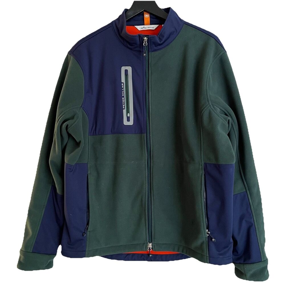 Peter Millar Mens Thermal Block Micro Fleece Full Zip Jacket Navy/Pine Large